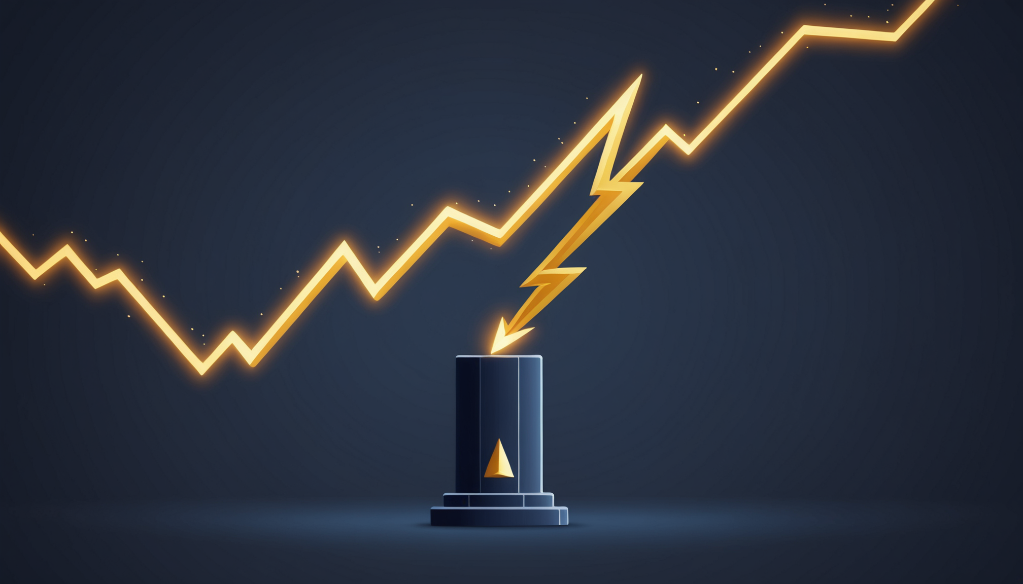 Illustration of a gold lightning bolt made of candlestick price-chart bars striking a stylized battery